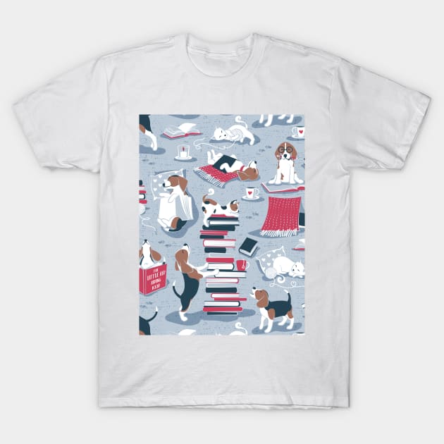 Life is better with books a hot drink and a friend // pattern // blue background brown white and blue beagles and cats and red cozy details T-Shirt by SelmaCardoso